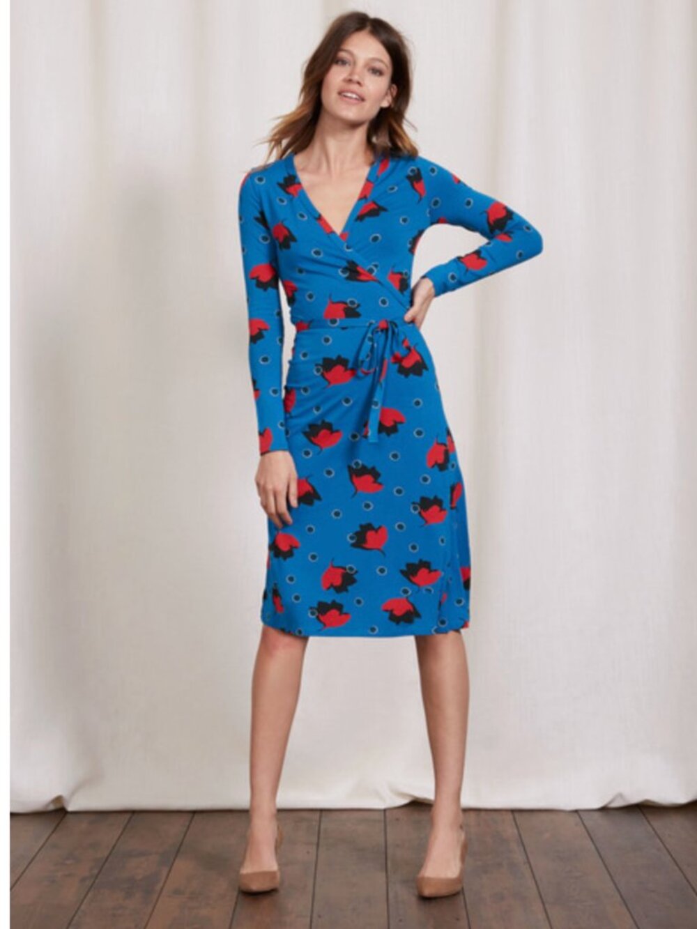 Boden Blue Wrap Dress in Red & Black Print Knit Jersey Women's Size 10